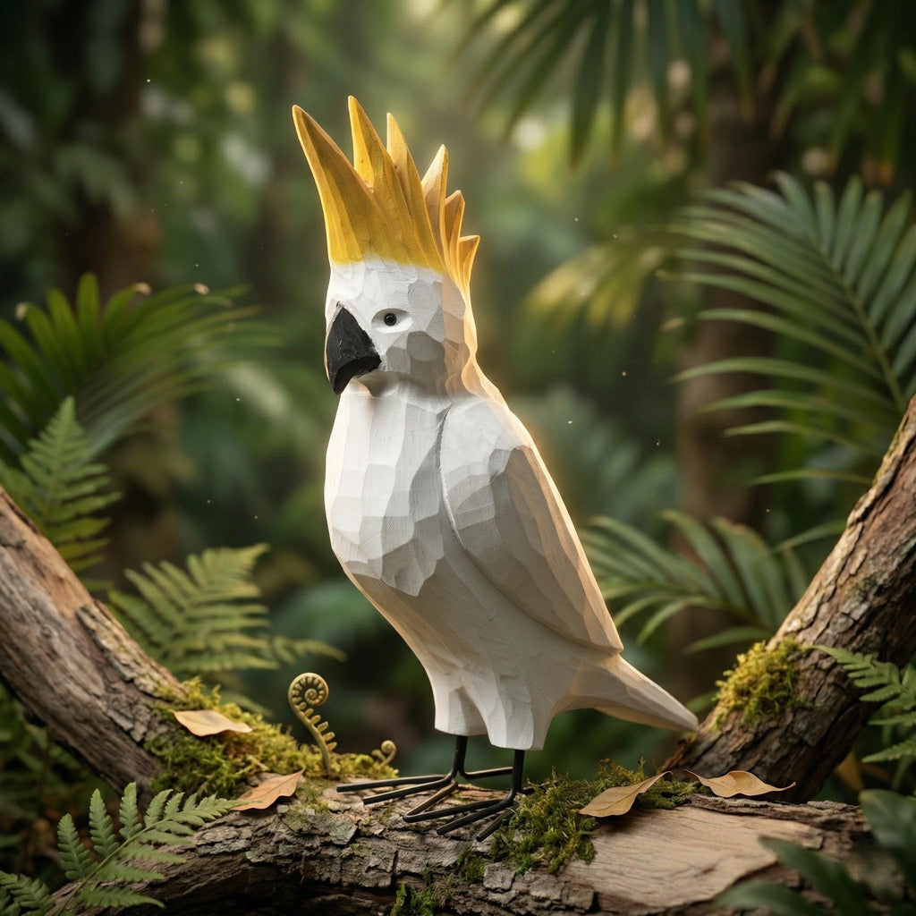 Whimsical Hand-Carved Wooden Cockatoo Figurine | Geometric Tropical Bird Sculpture | Modern Coastal Decor | Unique Gift for Bird Lovers
