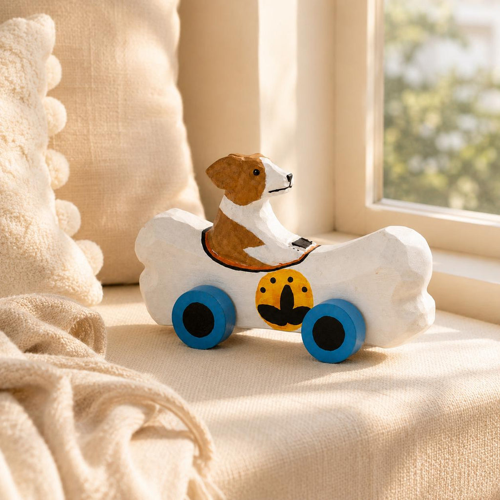Whimsical Wooden Dog in Bone Car, Hand Carved Animal Figurine, Rustic Nursery Decor, Wood Craft Art, Unique Gift for Dog Lover
