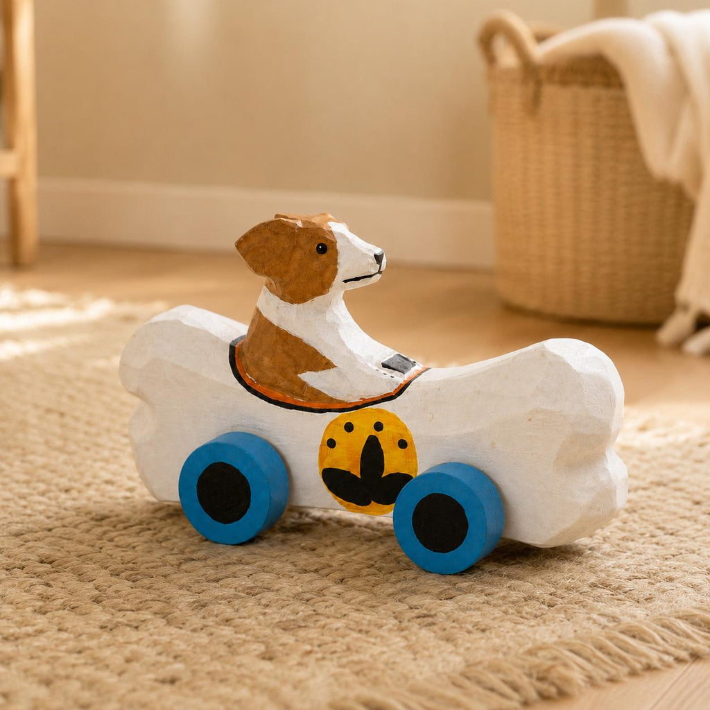 Whimsical Wooden Dog in Bone Car, Hand Carved Animal Figurine, Rustic Nursery Decor, Wood Craft Art, Unique Gift for Dog Lover