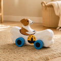 Whimsical Wooden Dog in Bone Car, Hand Carved Animal Figurine, Rustic Nursery Decor, Wood Craft Art, Unique Gift for Dog Lover