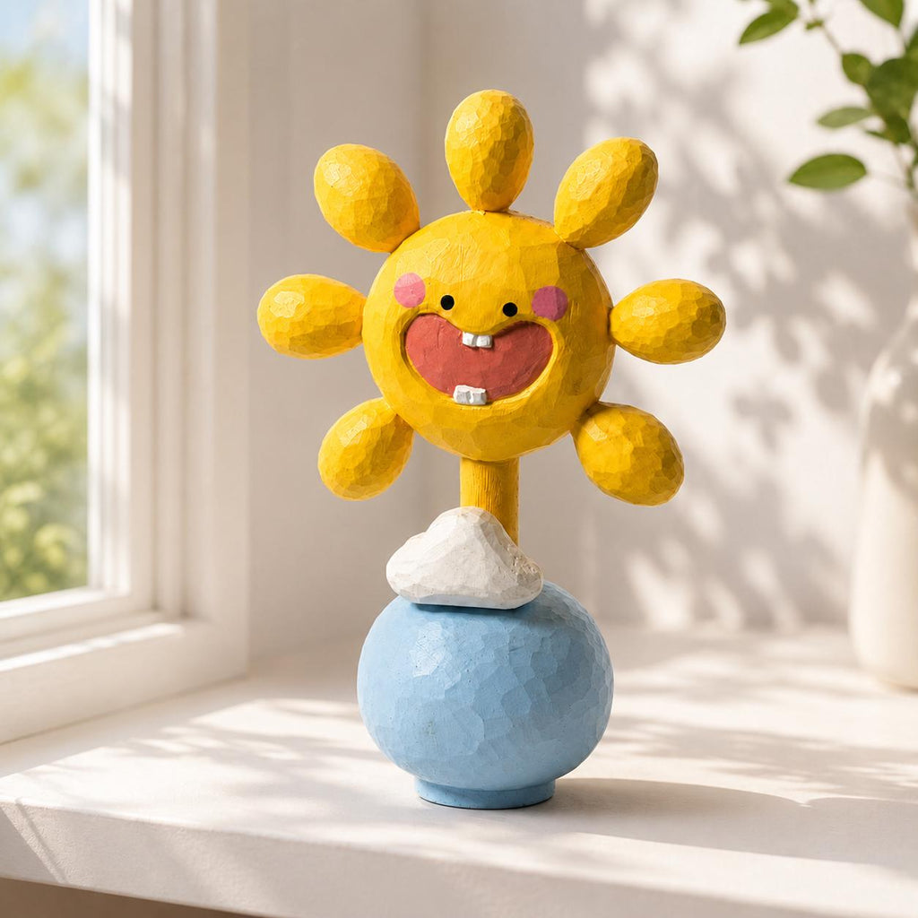 Hand Carved Wooden Sun Figurine, Smiley Sun on Blue Globe, Cheerful Yellow Sun Sculpture, Fun Kids Room Decor, Unique Sunshine Gift