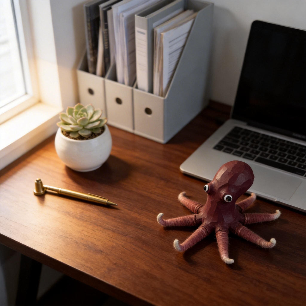 Whimsical Carved Wooden Octopus Figurine, Coastal Yarn Tentacle Sea Creature Decor, Quirky Nautical Desk Accessory, Ocean Lover Gift Idea