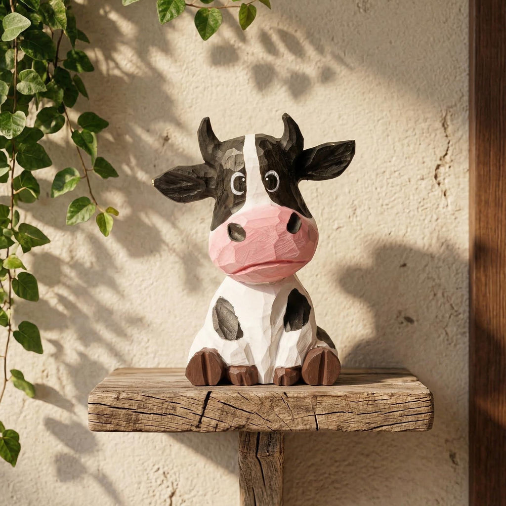 Whimsical Hand Carved Wooden Cow Figurine Sitting Farmhouse Decor Rustic Animal Art Unique Gift for Cow Lovers Nursery Shelf Decor