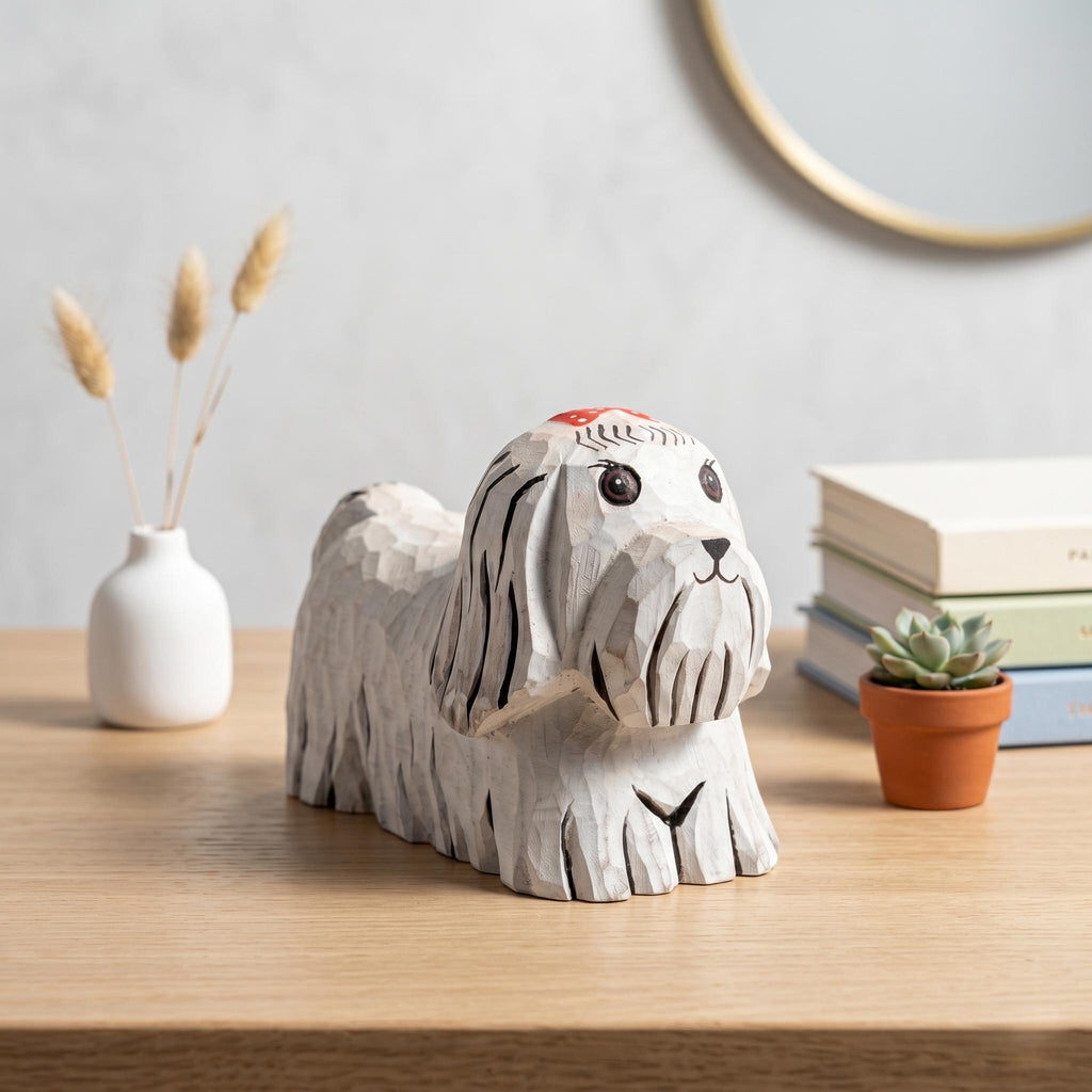 Whimsical Hand-Carved Wooden Dog Figurine White Maltese Shih Tzu Statue Rustic Pet Decor Unique Dog Lover Gift Handmade Animal Art