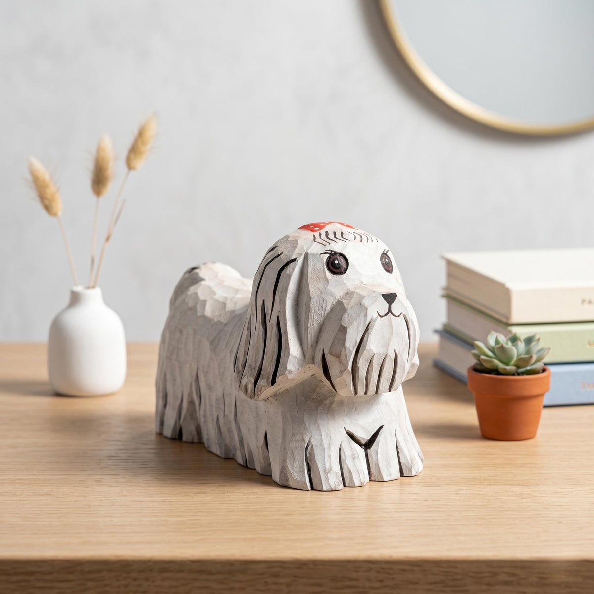 Whimsical Hand-Carved Wooden Dog Figurine White Maltese Shih Tzu Statue Rustic Pet Decor Unique Dog Lover Gift Handmade Animal Art
