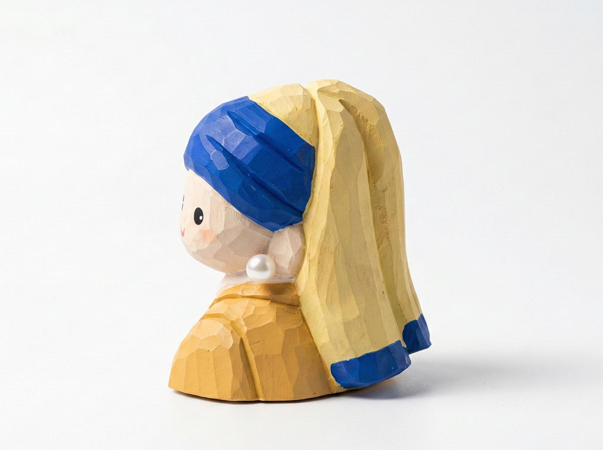 Handmade Wooden Girl with a Pearl Earring Figurine, Dutch Painting Inspired Wood Sculpture, Art Decor