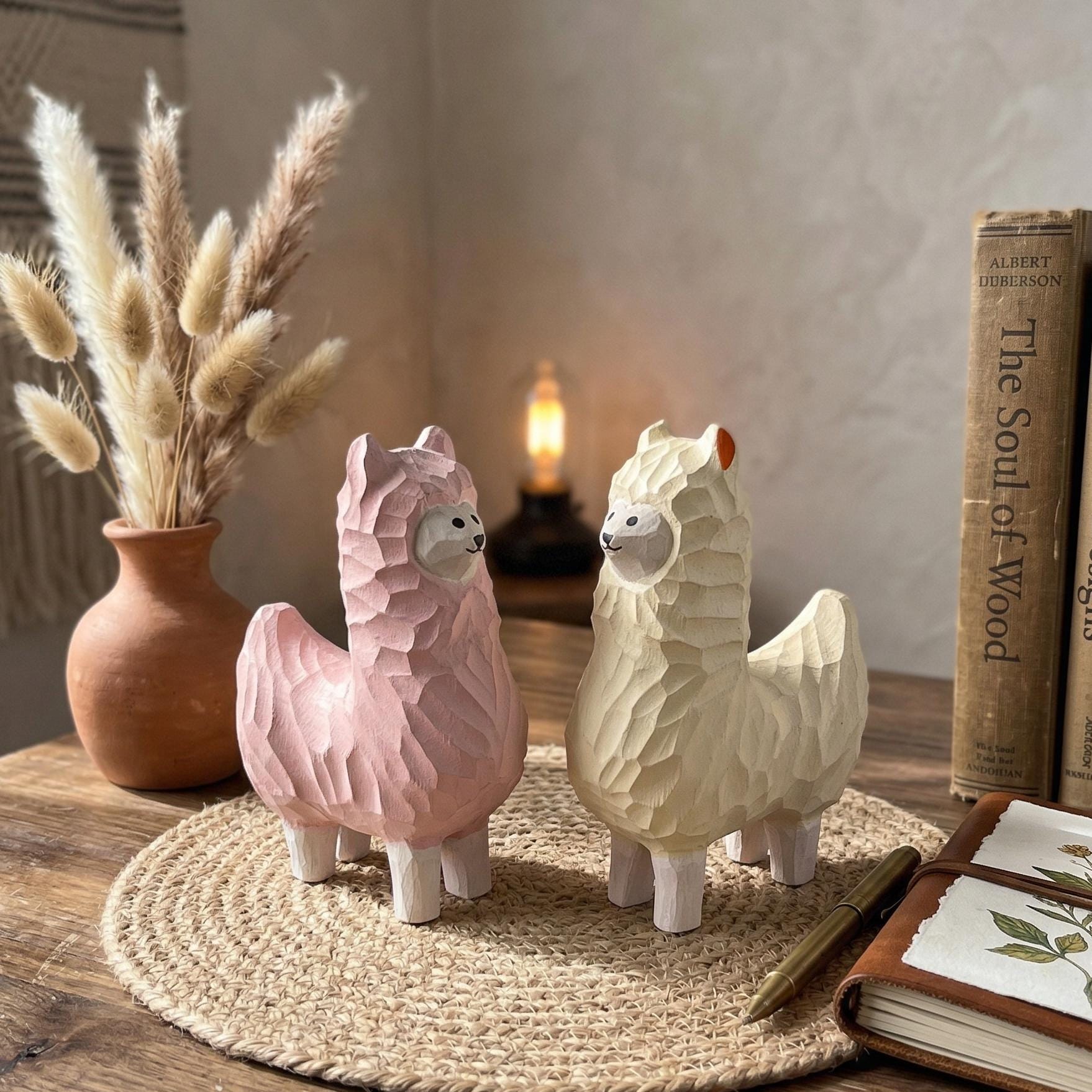 Whimsical Wooden Alpaca Couple Hand Carved Llama Figurines Pastel Nursery Decor Unique Animal Lover Gift Desk Pet Wood Anniversary Present