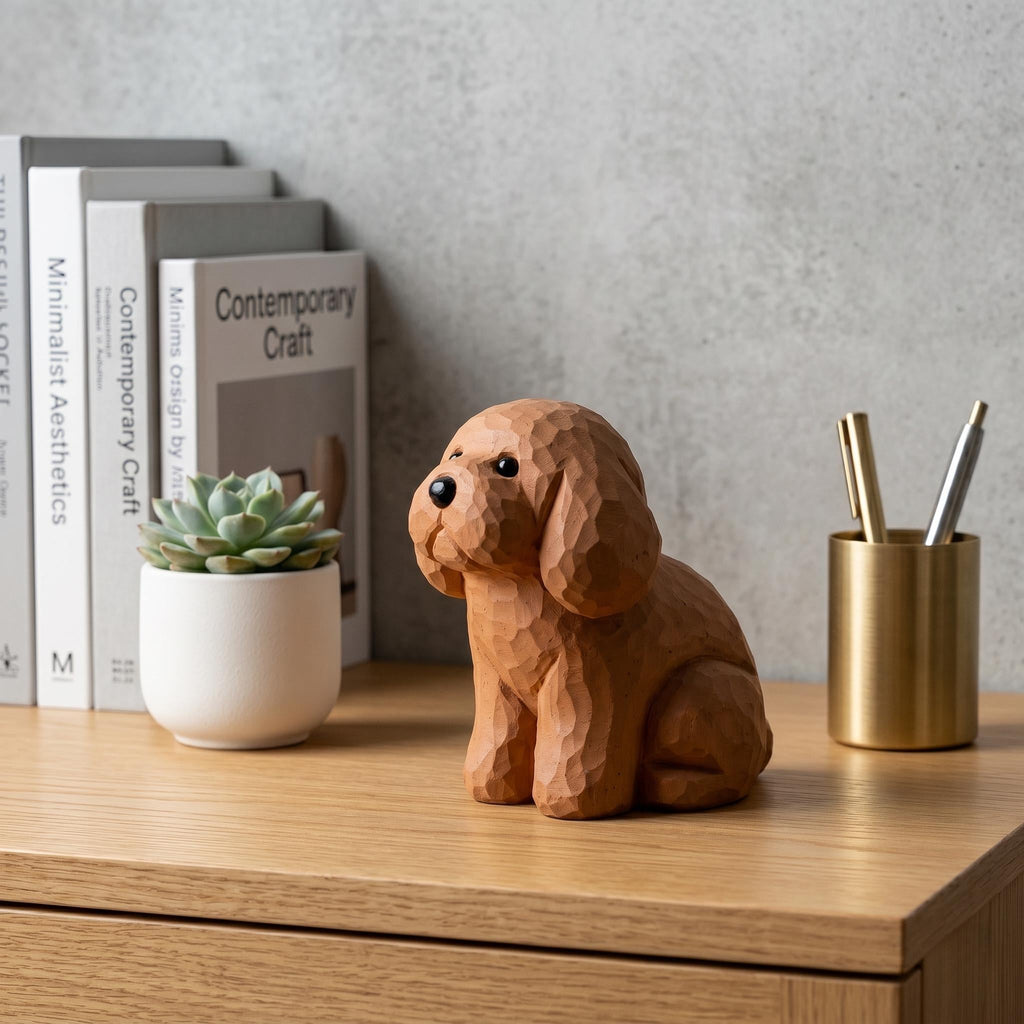 Sweet Hand Carved Wooden Poodle Figurine Rustic Sitting Dog Desk Decor Miniature Doodle Statue Unique Pet Lover Gift Dog Memorial