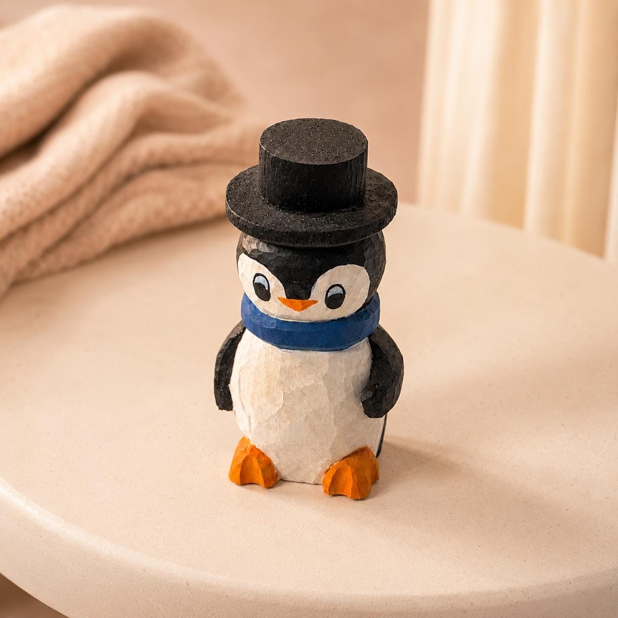 Whimsical Wooden Penguin Figurine, Hand Carved Bird, Top Hat Winter Decor, Rustic Wood Animal, Cute Christmas Gift