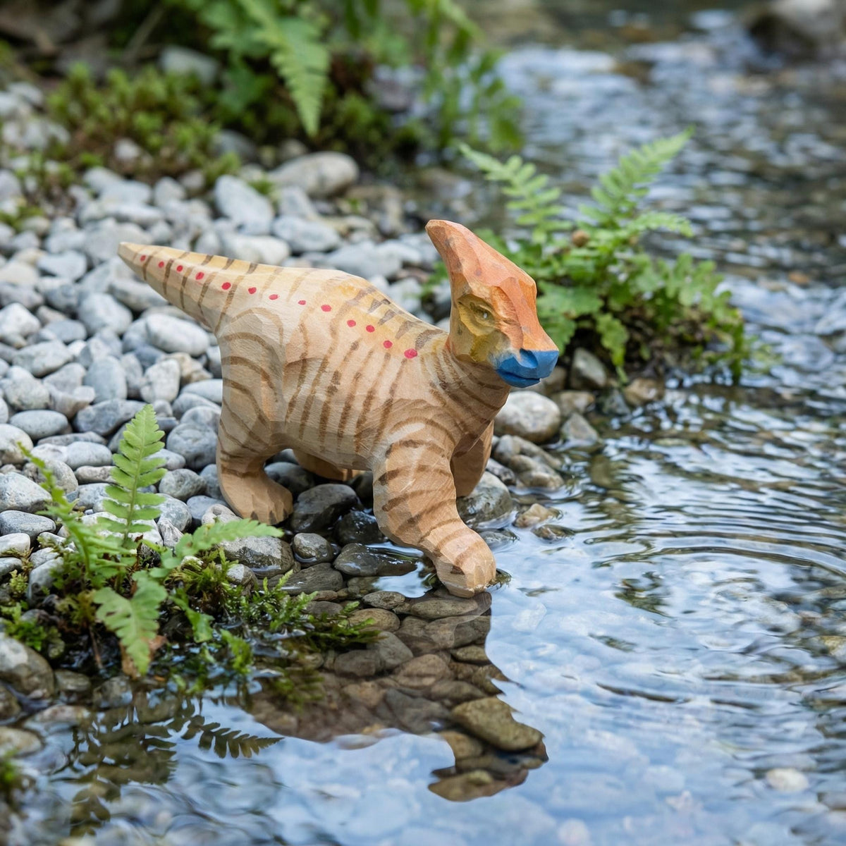 Hand-Carved Wooden Dinosaur Figurine, Parasaurolophus Wood Carving, Whimsical Nursery Decor, Rustic Animal Toy, Unique Gift for Dino Lover