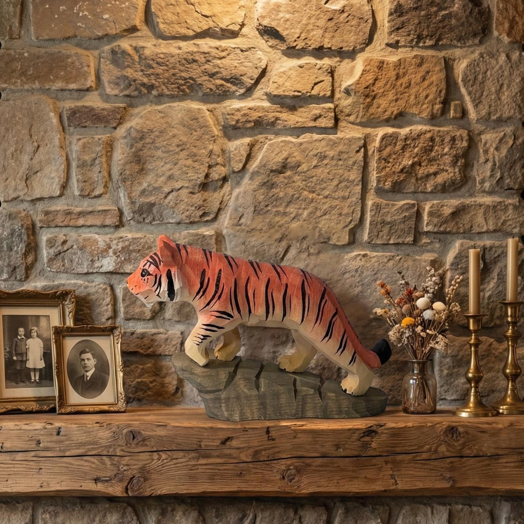 Hand Carved Wooden Tiger Figurine, Rustic Jungle Decor