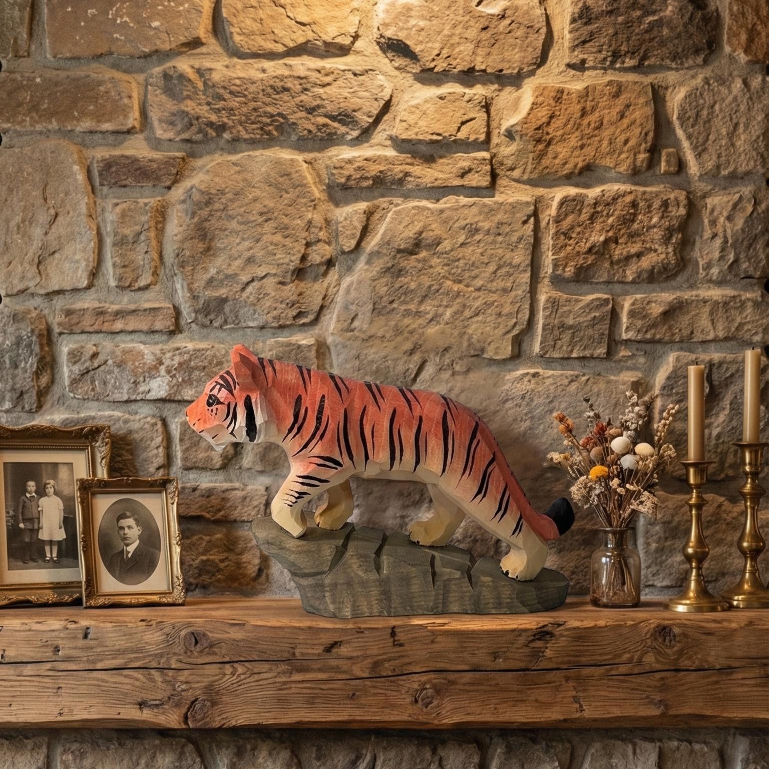 Hand Carved Wooden Tiger Figurine, Rustic Jungle Decor