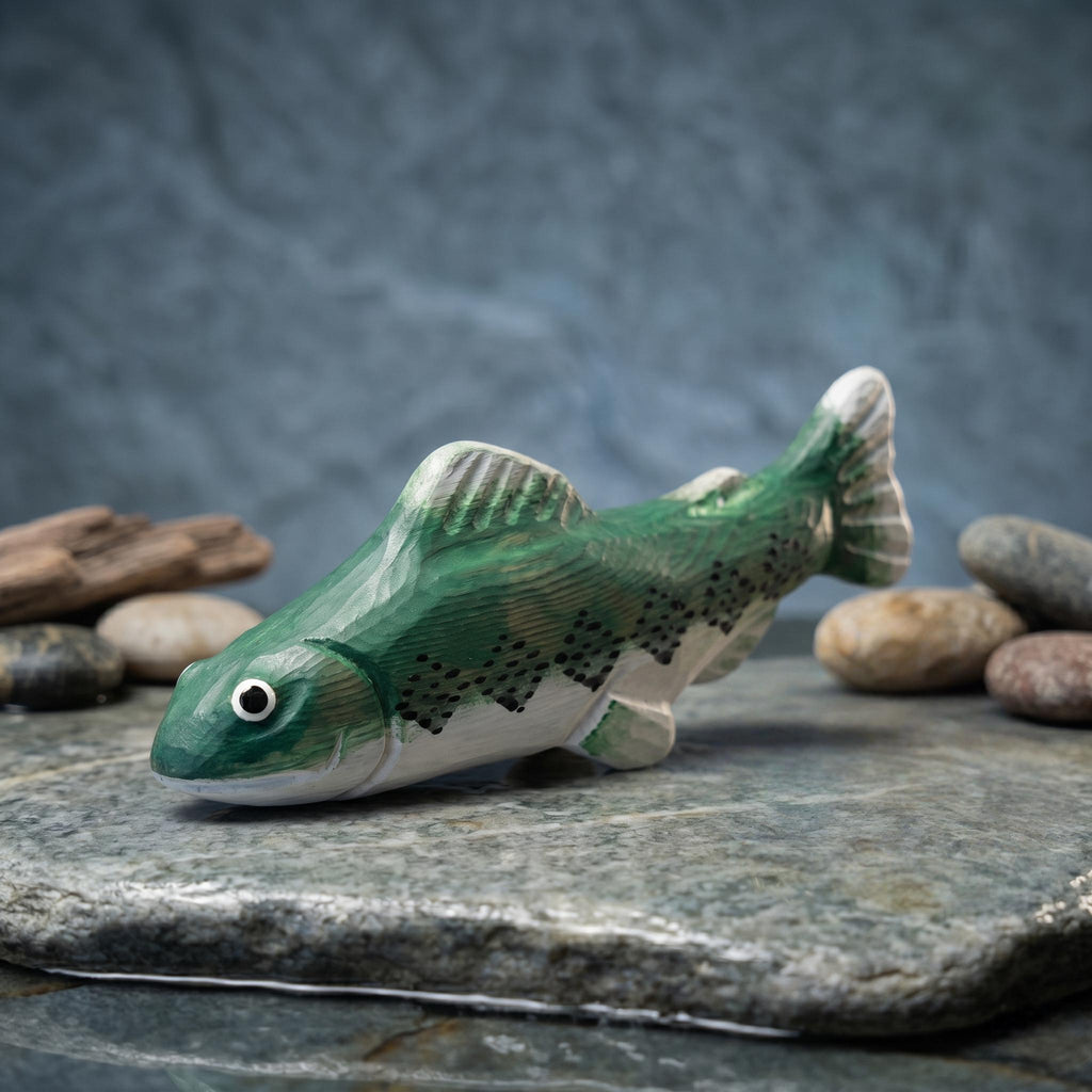 Rustic Hand Carved Wooden Trout Figurine, Green Fish Decor, River Cabin Art, Fly Fishing Gift for Him, Nature Lover Desktop Ornament