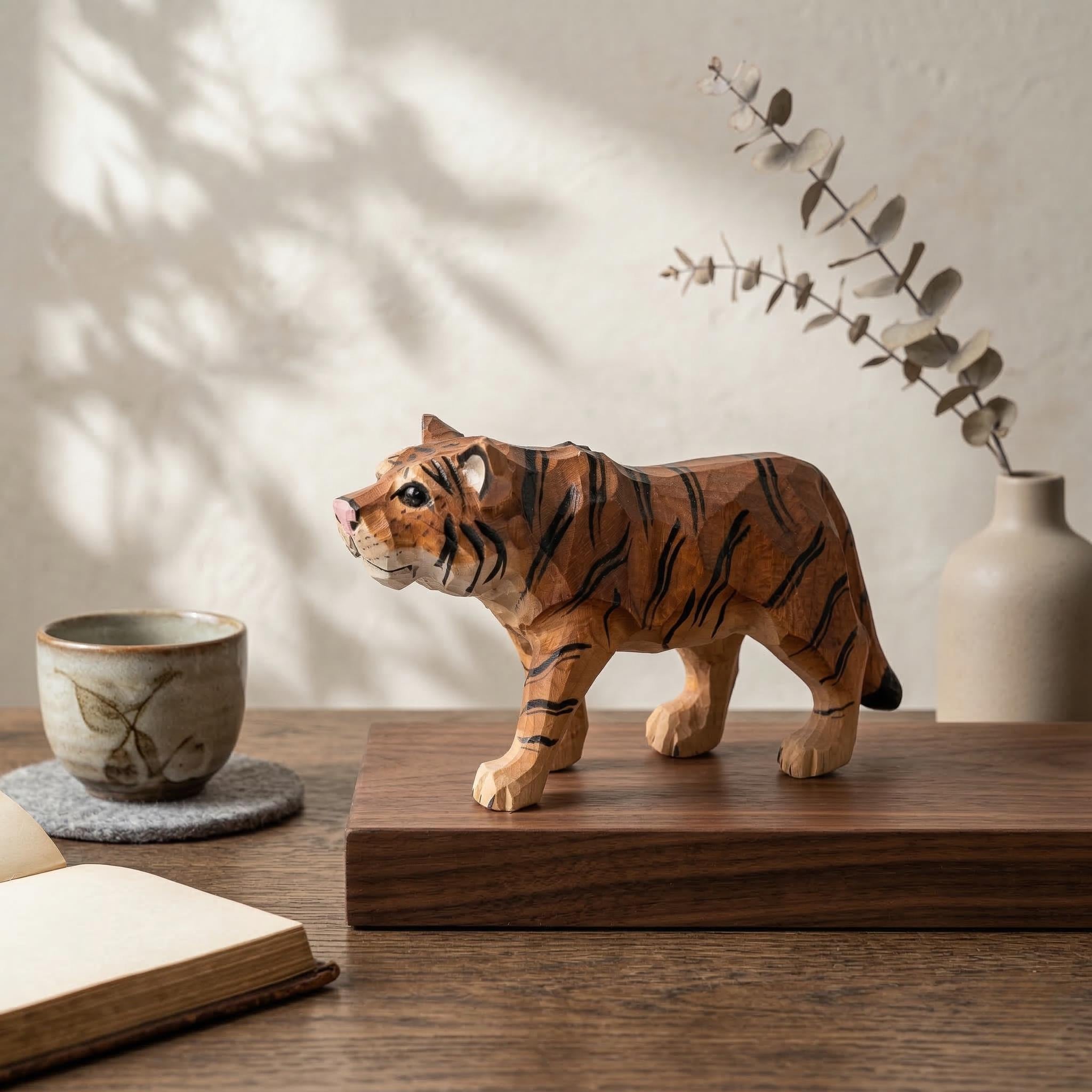 Hand Carved Wooden Tiger Figurine, Rustic Animal Sculpture, Safari Nursery Decor, Wood Art Statue, Personalized Lunar New Year Gift Idea