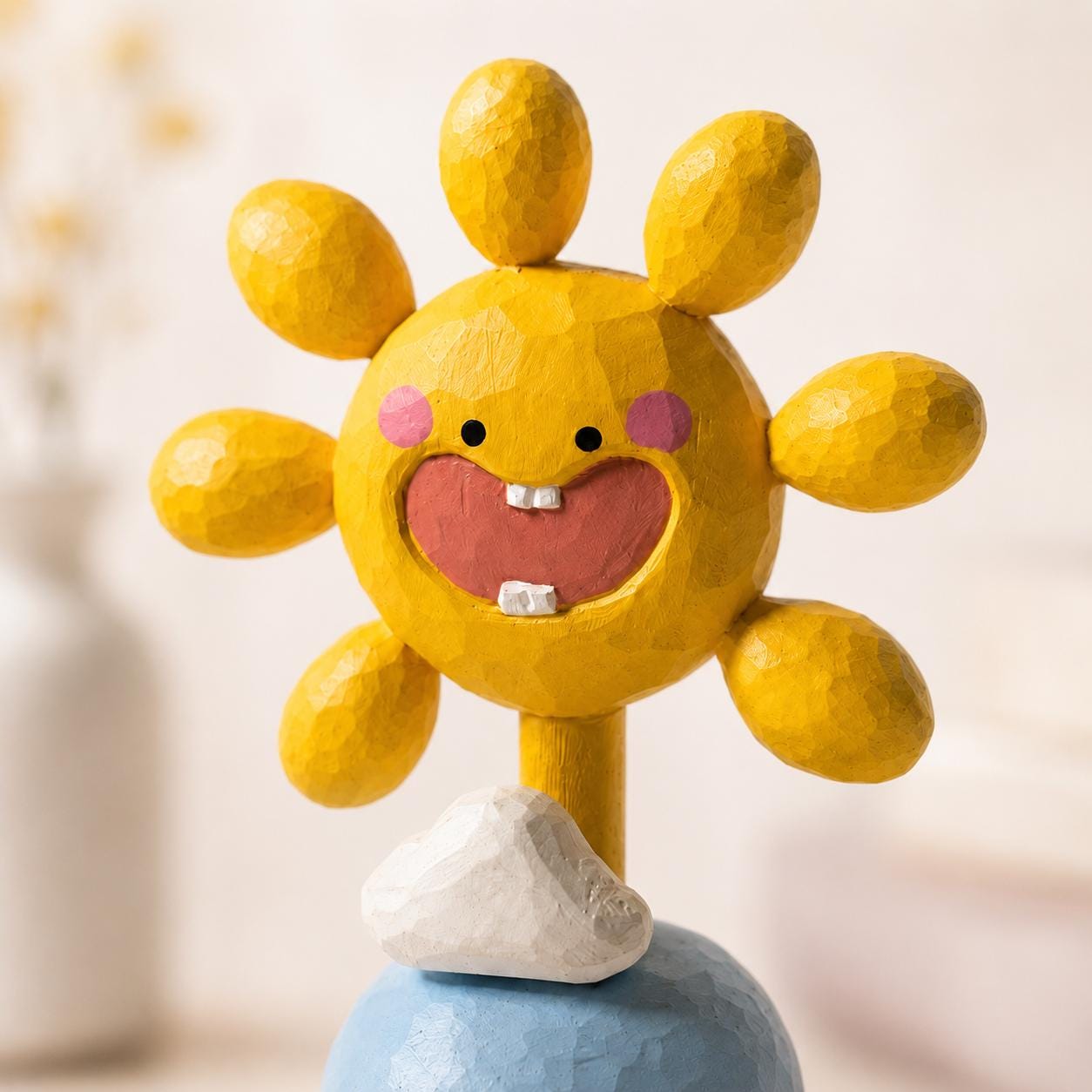 Hand Carved Wooden Sun Figurine, Smiley Sun on Blue Globe, Cheerful Yellow Sun Sculpture, Fun Kids Room Decor, Unique Sunshine Gift