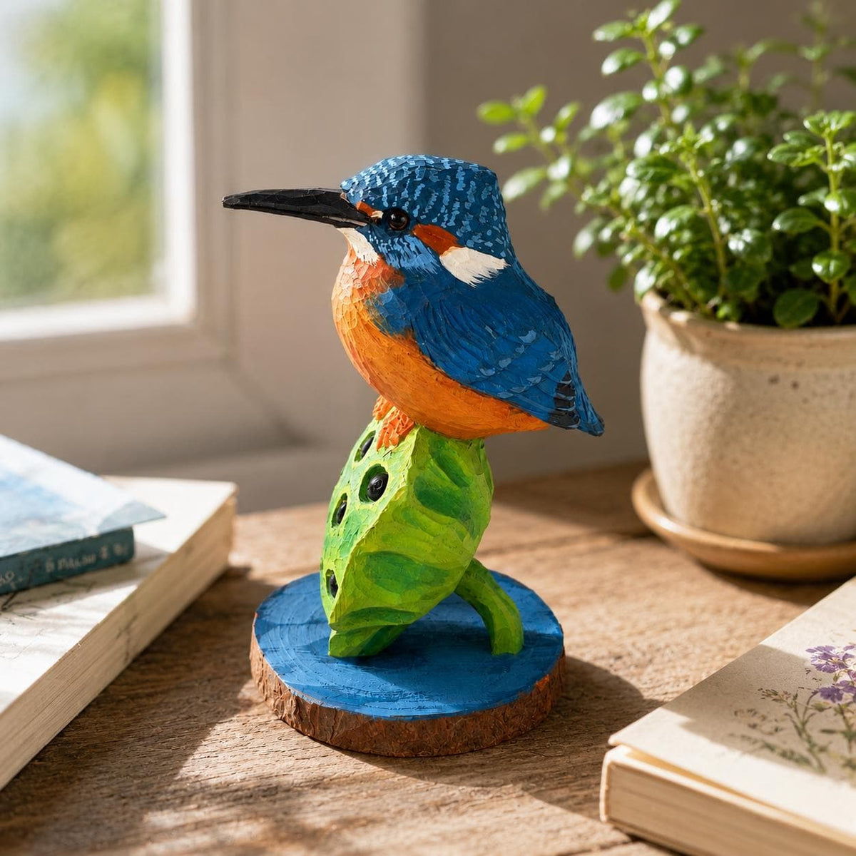 Vibrant Hand-Carved Wooden Kingfisher Figurine Lotus Pod Sculpture Nature Decor Bird Lover Gift