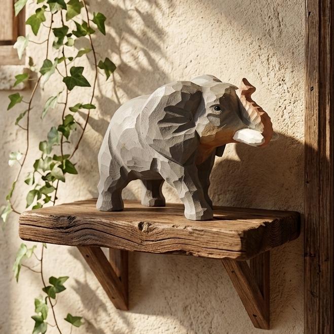 Hand Carved Wood Elephant Figurine – Rustic Animal Home Decor, Whimsical Sculpture
