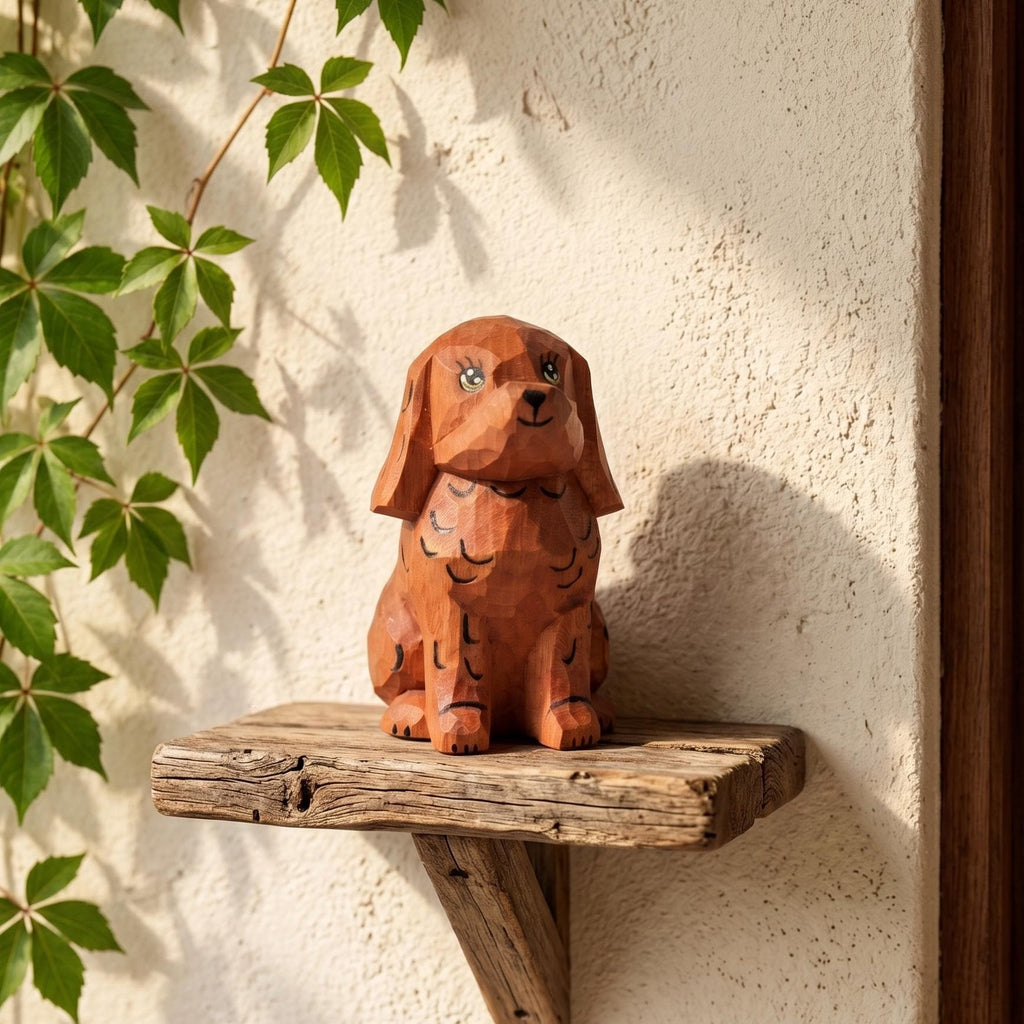 Whimsical Wooden Puppy Figurine – Hand Carved Spaniel Dog Statue – Rustic Shelf Decor & Pet Lover Gift Idea