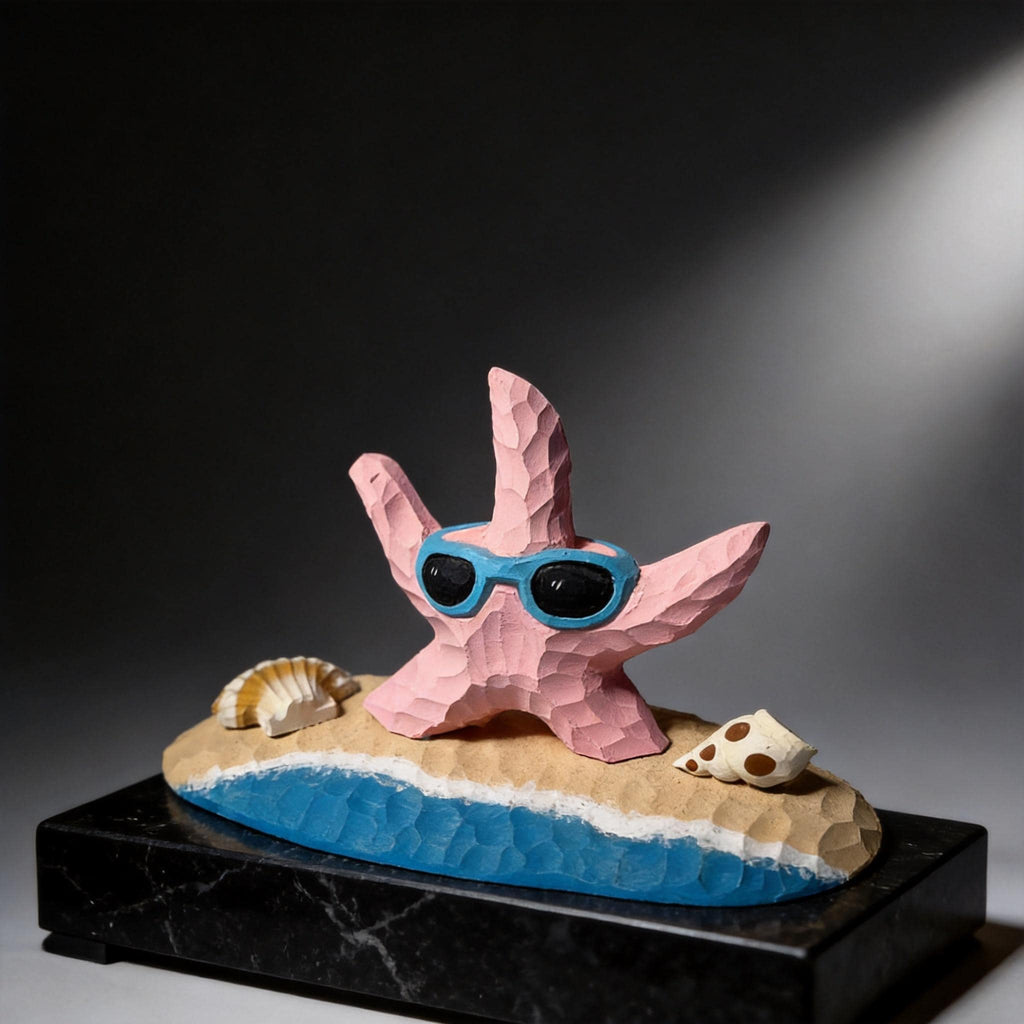 Whimsical Pink Starfish Wood Carving, Beach House Decor, Sunglasses Starfish Figurine, Coastal Shelf Decor, Unique Summer Lover Gift