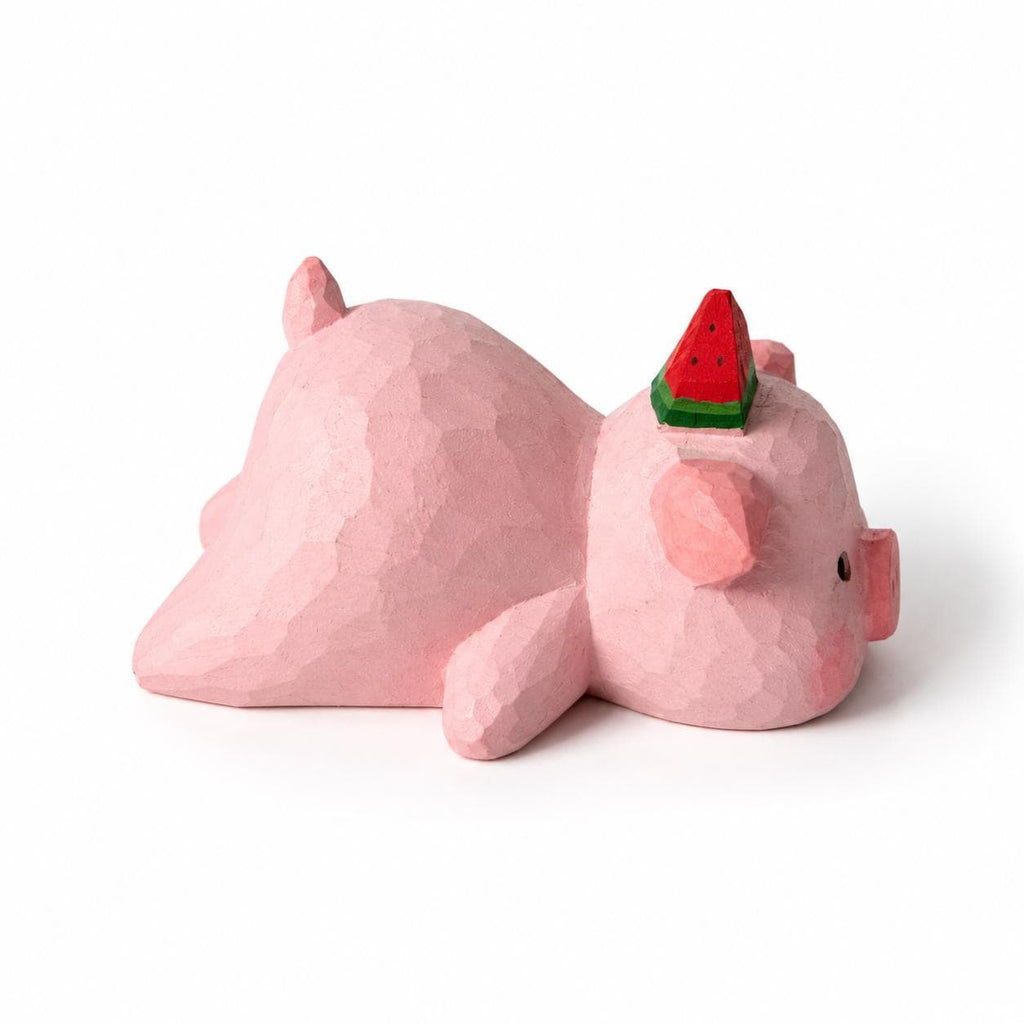 Adorable Wooden Pig Figurine with Watermelon, Hand Carved Animal Decor, Cute Desk Accessory, Unique Gift for Pig Lovers