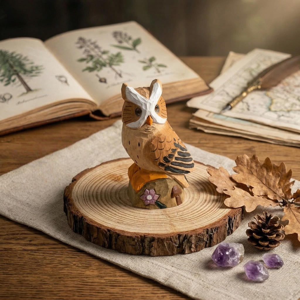 Whimsical Hand-Carved Wooden Owl Figurine, Rustic Woodland Animal Decor, Unique Bird Sculpture, Nature Lover Desk Gift Idea