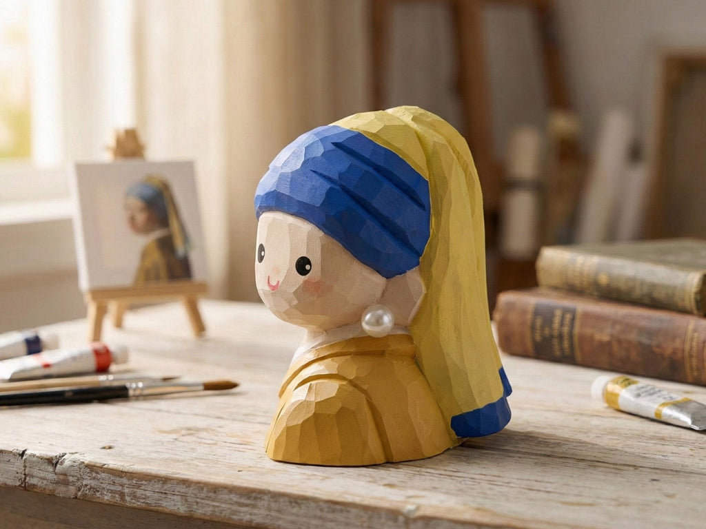 Handmade Wooden Girl with a Pearl Earring Figurine, Dutch Painting Inspired Wood Sculpture, Art Decor