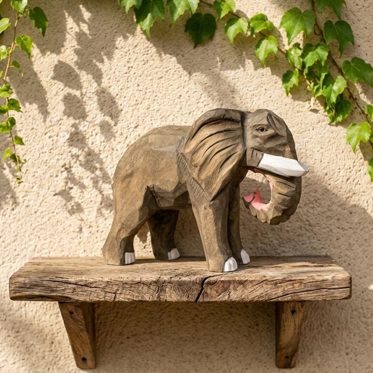 Handmade Wooden Elephant Figurine, Rustic African Elephant Carving, Animal Lover Gift, Boho Nursery Decor, Hand Carved Wood Statue