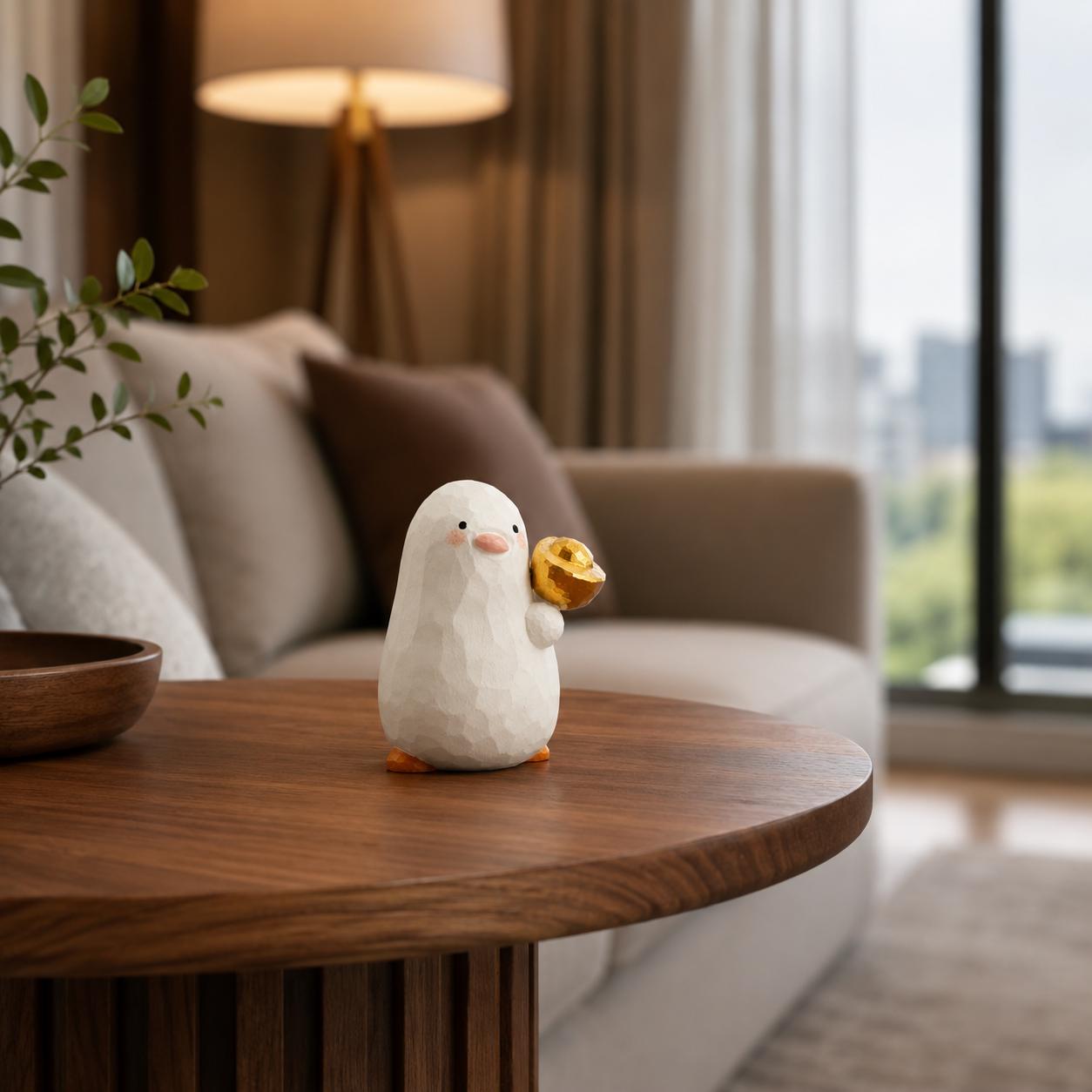 Lucky White Wooden Bird Figurine Hand Carved Wood Duck with Gold Ingot Cute Desk Decor Good Luck Gift for Friend New Job Present