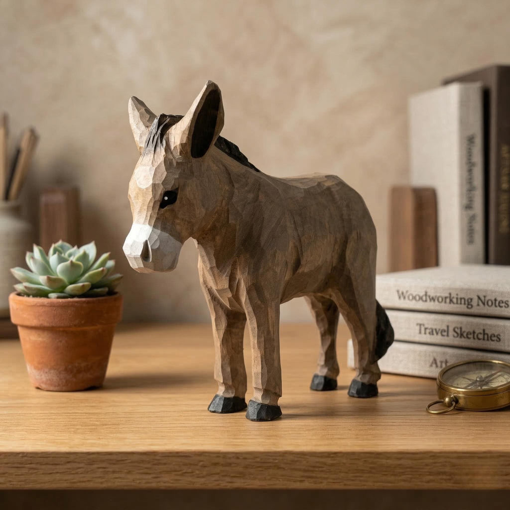 Whimsical Hand Carved Wooden Donkey Figurine, Rustic Farmhouse Decor, Miniature Wood Animal Sculpture, Unique Gift for Animal Lovers