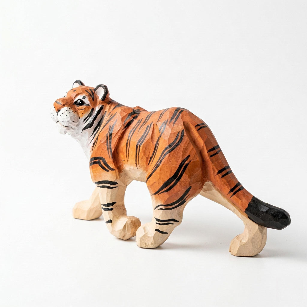 Hand-Carved Wood Tiger Figurine, Artisan Animal Sculpture, Jungle Nursery Decor, Tiger Statue