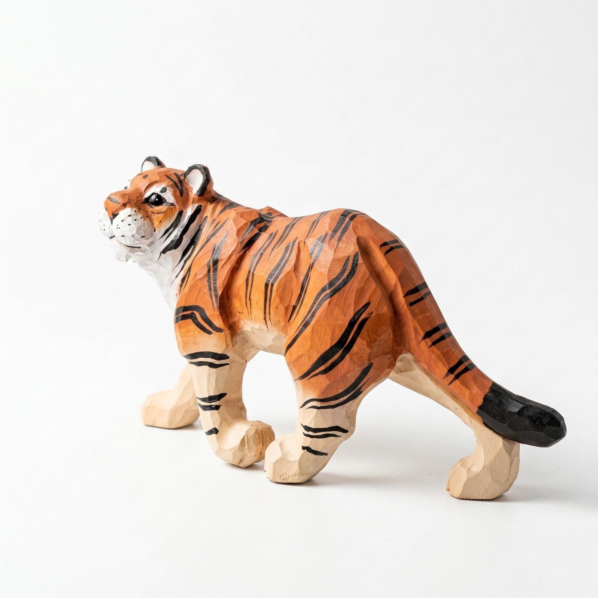 Hand-Carved Wood Tiger Figurine, Artisan Animal Sculpture, Jungle Nursery Decor, Tiger Statue