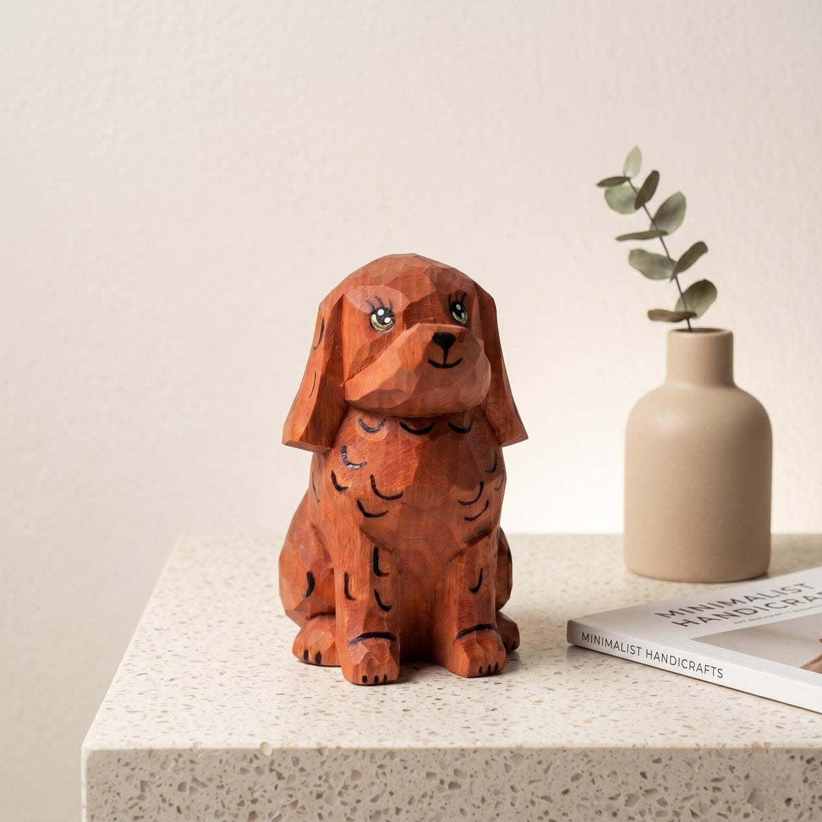 Whimsical Wooden Puppy Figurine – Hand Carved Spaniel Dog Statue – Rustic Shelf Decor & Pet Lover Gift Idea