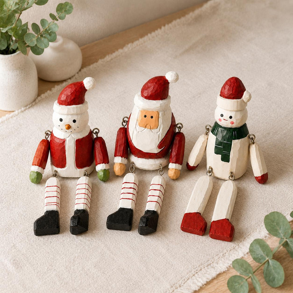 Whimsical Wooden Christmas Shelf Sitter Santa Snowman Figurine Hand Carved Winter Decor Secret Santa Gift
