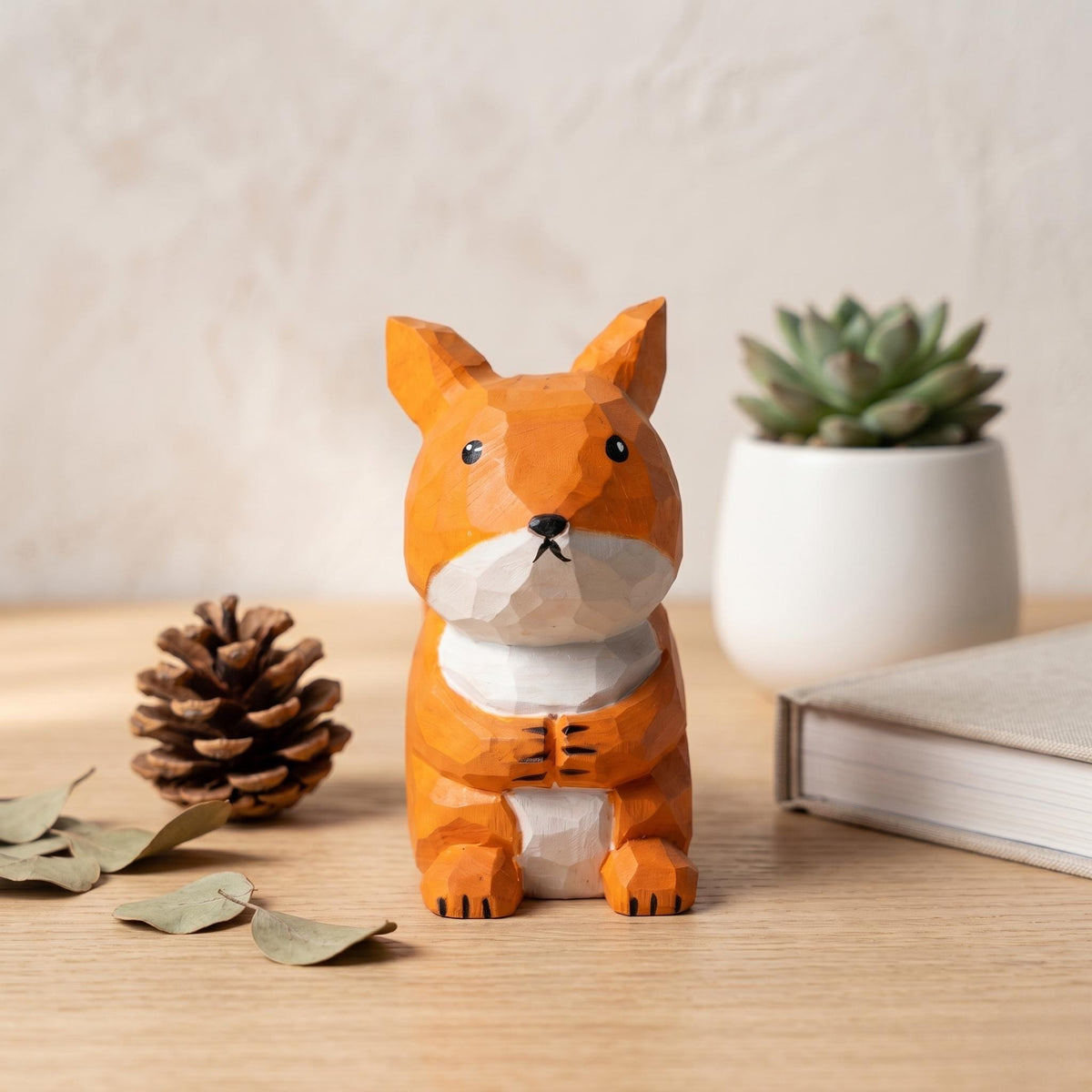 Whimsical Hand Carved Wooden Squirrel Figurine, Rustic Woodland Animal Decor, Cute Desk Accessory, Unique Gift for Nature Lovers