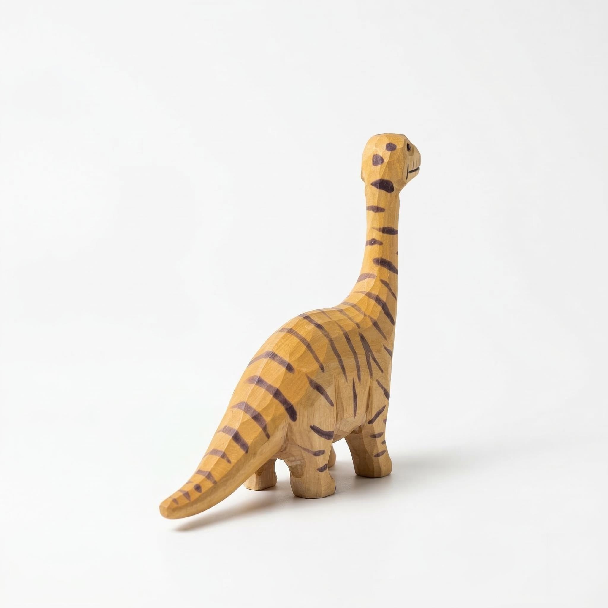 Hand Carved Wooden Brontosaurus Figurine Striped Dinosaur Nursery Decor Whimsical Desk Accessory Unique Birthday Gift for Dino Lover