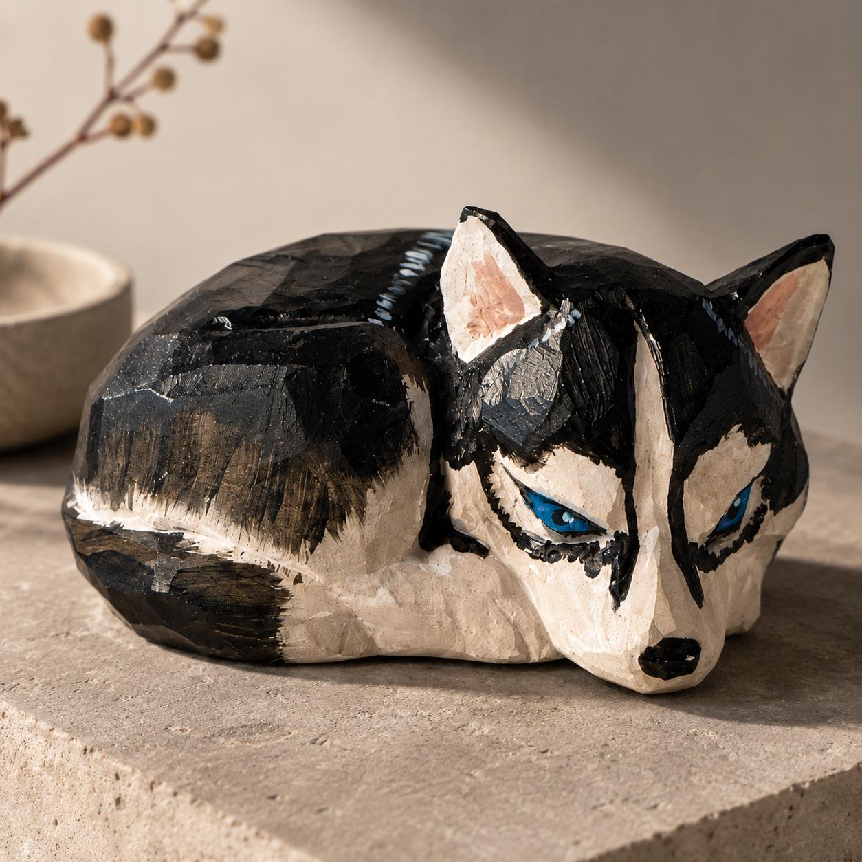 Geometric Husky Wood Figurine, Hand Carved Siberian Husky Dog Statue, Low Poly Animal Sculpture, Rustic Farmhouse Decor
