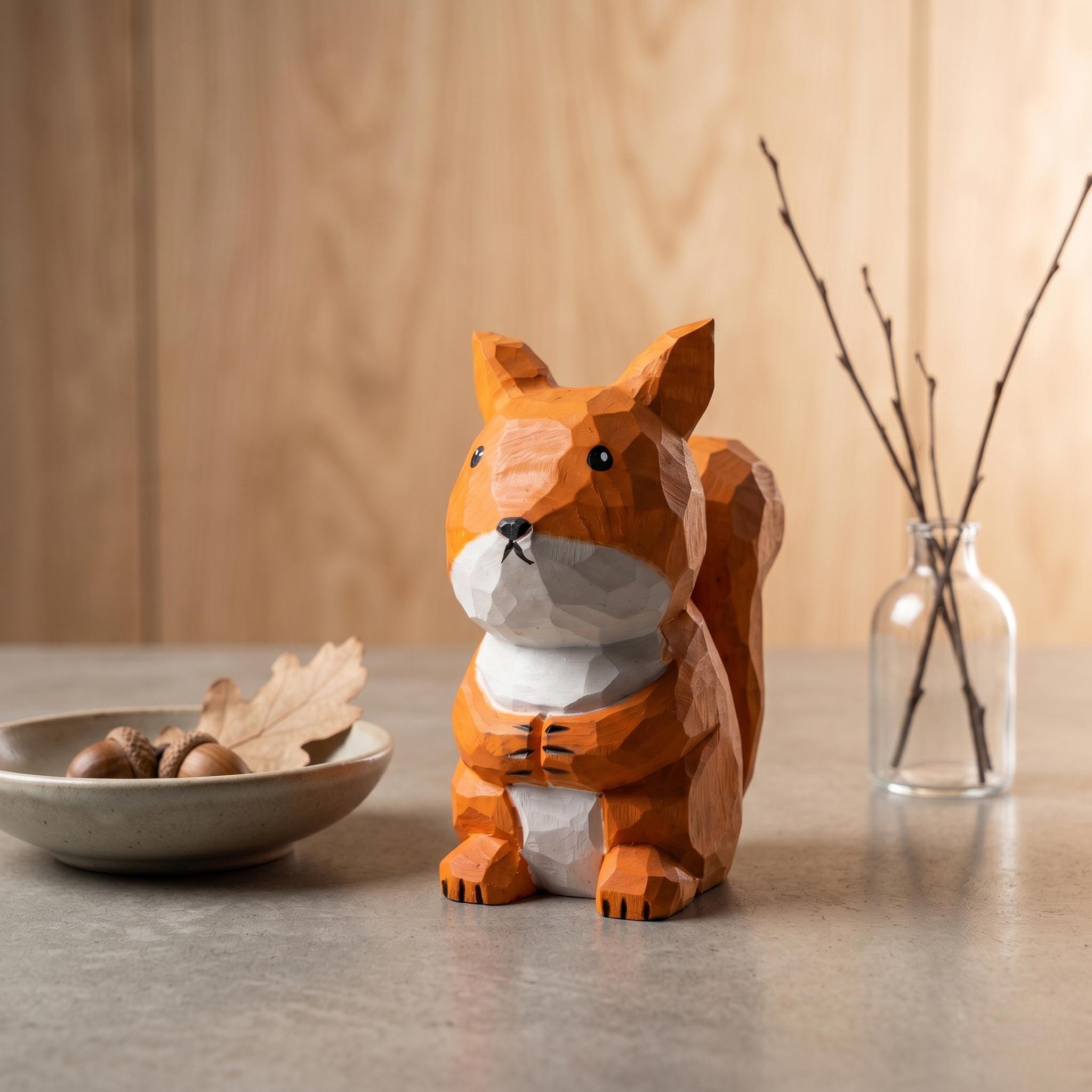Whimsical Hand Carved Wooden Squirrel Figurine, Rustic Woodland Animal Decor, Cute Desk Accessory, Unique Gift for Nature Lovers
