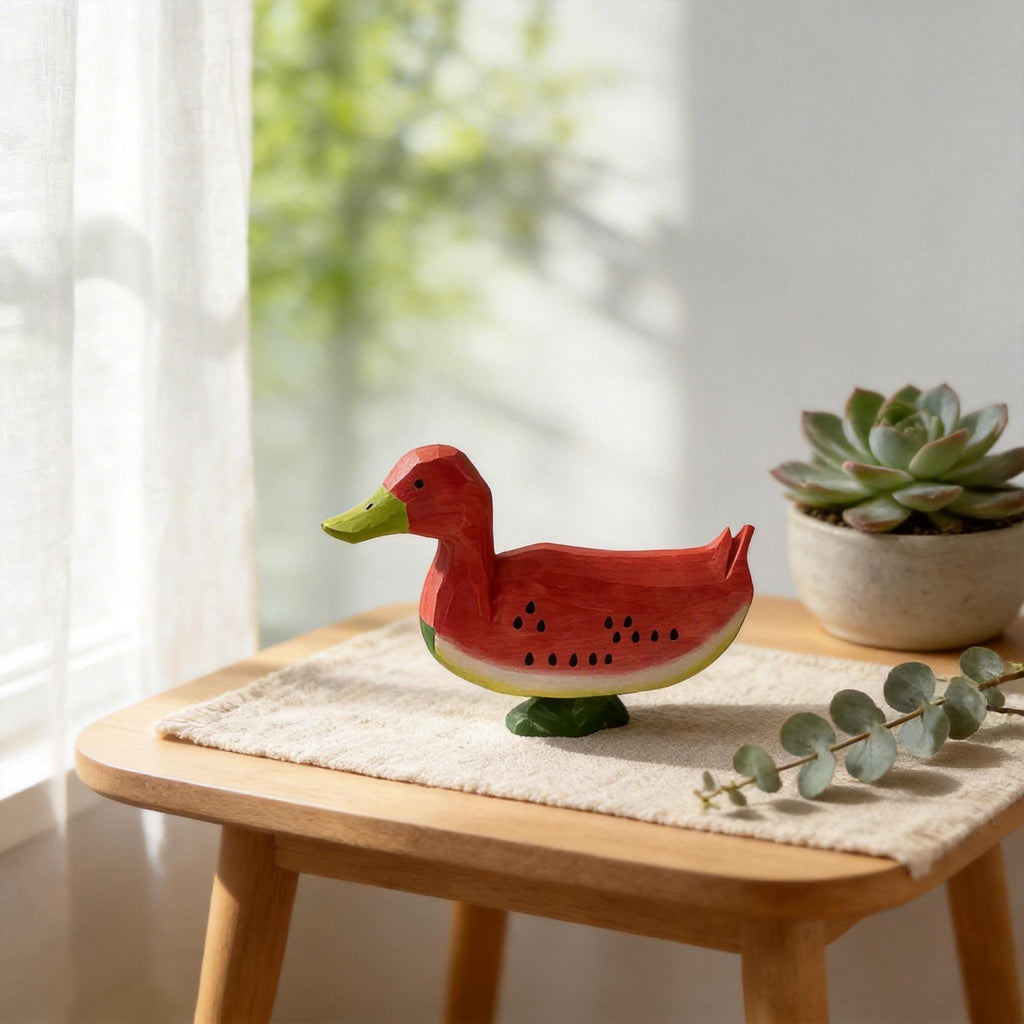 Whimsical Wooden Watermelon Duck Figurine | Hand Carved Wood Bird Sculpture | Summer Tropical Decor | Unique Gift for Animal Lovers