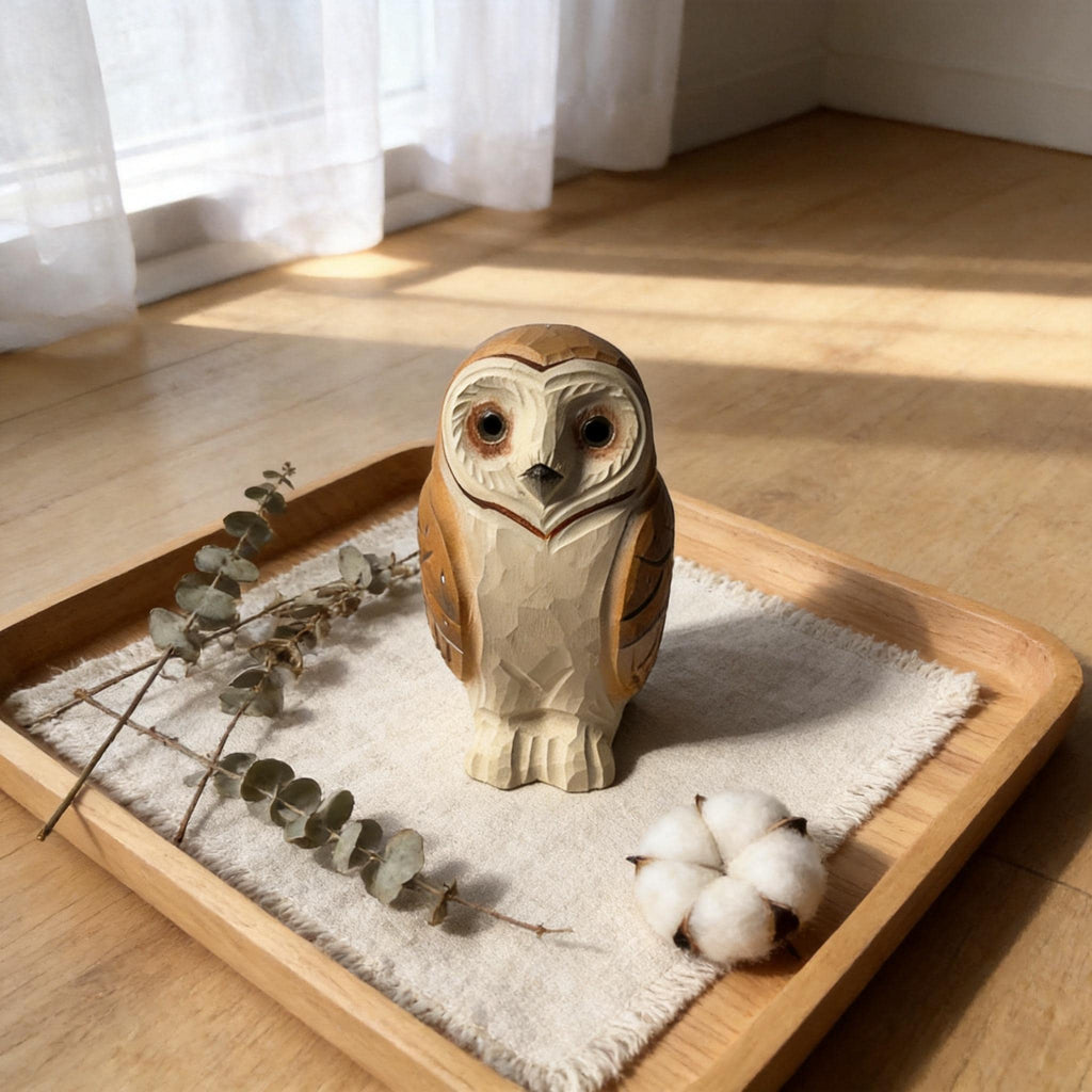 Rustic Wooden Barn Owl Hand Carved Bird Figurine Woodland Decor Unique Owl Lover Gift Hand Painted Wood Animal Statue
