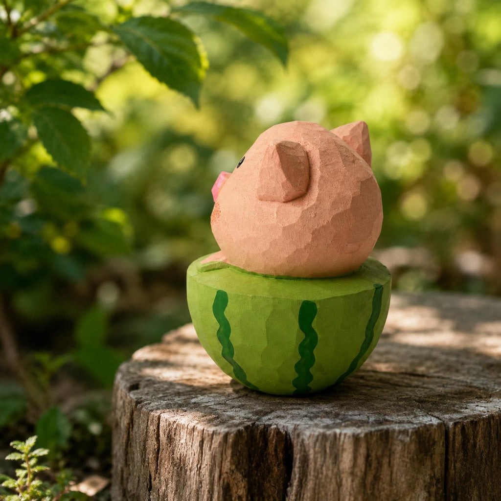 Whimsical Wooden Pig in Watermelon Figurine Hand Carved Miniature Desk Decor Cute Summer Gift for Pig Lovers