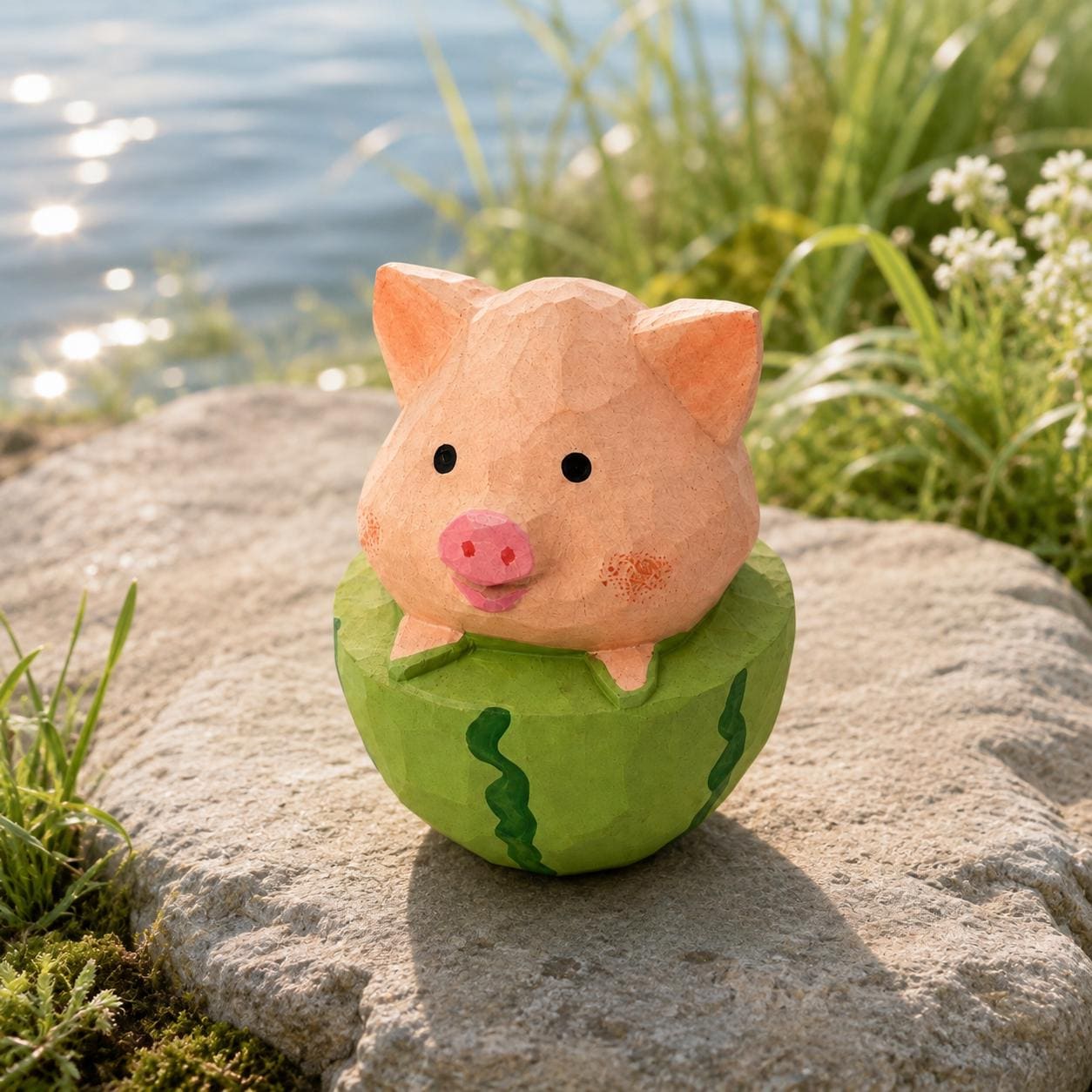 Whimsical Wooden Pig in Watermelon Figurine Hand Carved Miniature Desk Decor Cute Summer Gift for Pig Lovers
