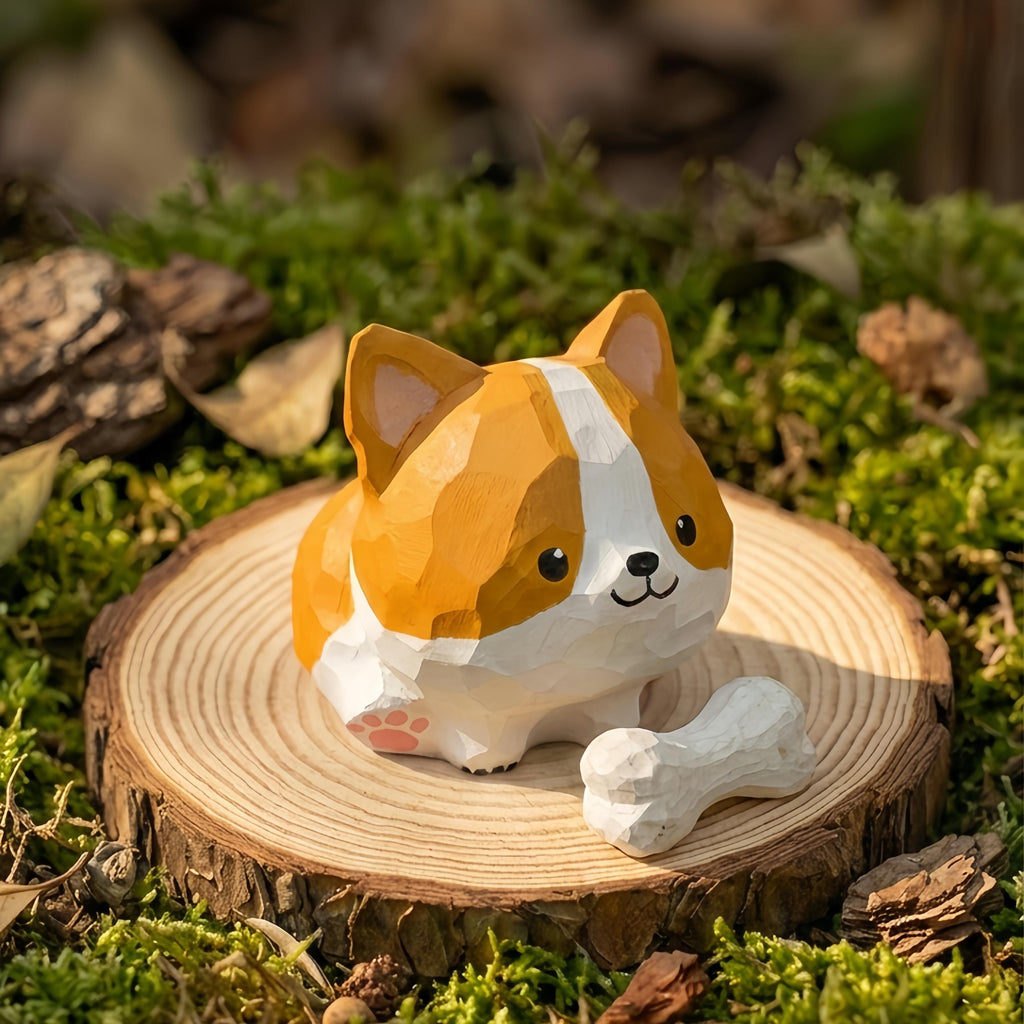 Wooden Corgi Figurine with Bone, Miniature Dog Statue, Whimsical Desk Decor, Corgi Lover Gift