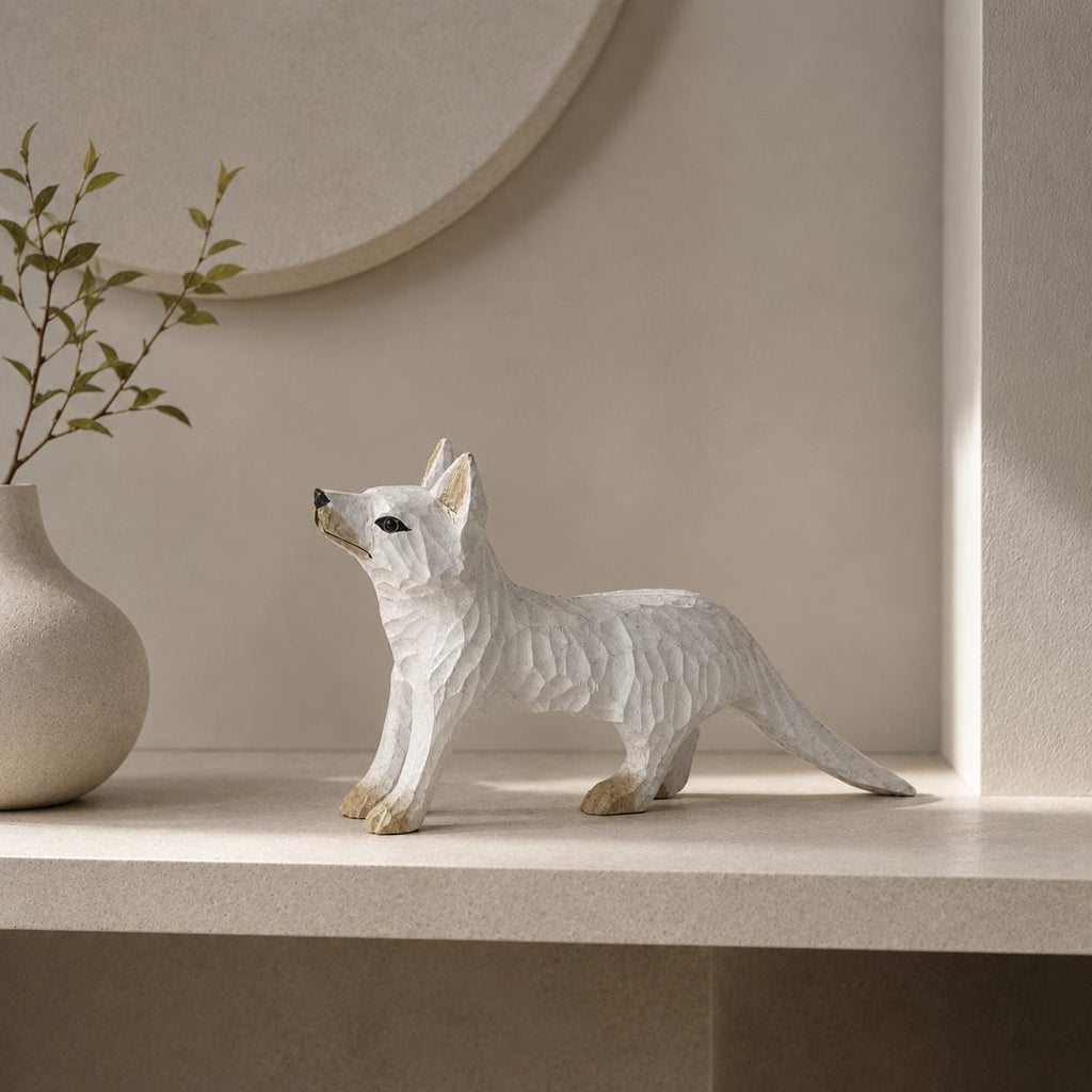 Whimsical White Arctic Fox Hand Carved Wood Figurine Woodland Animal Nursery Decor Rustic Desk Accessory Unique Gift for Nature Lover