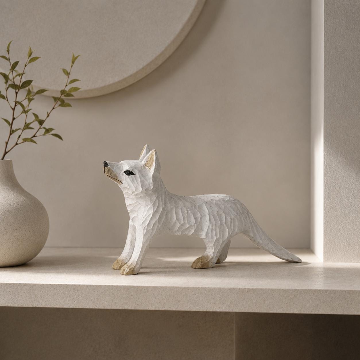 Whimsical White Arctic Fox Hand Carved Wood Figurine Woodland Animal Nursery Decor Rustic Desk Accessory Unique Gift for Nature Lover