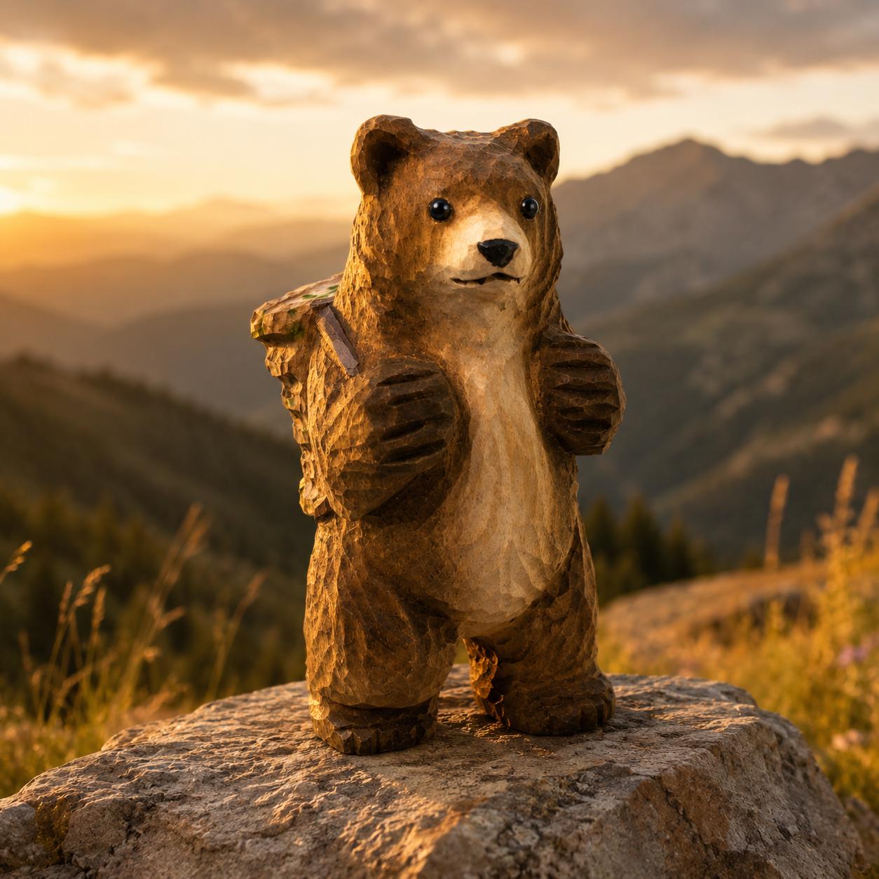 Hand-Carved Wooden Bear with Backpack Figurine | Whimsical Forest Hiker Decor | Cute Wood Animal Sculpture | Nature Lover Gift