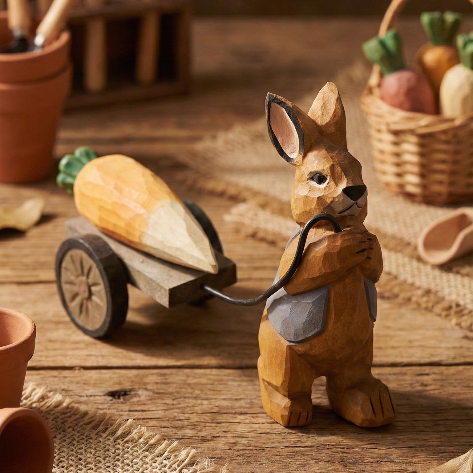 Handmade Wooden Rabbit Figurine, Bunny Pulling Wagon, Easter Decor, Gardener Gift, Spring Animal Art