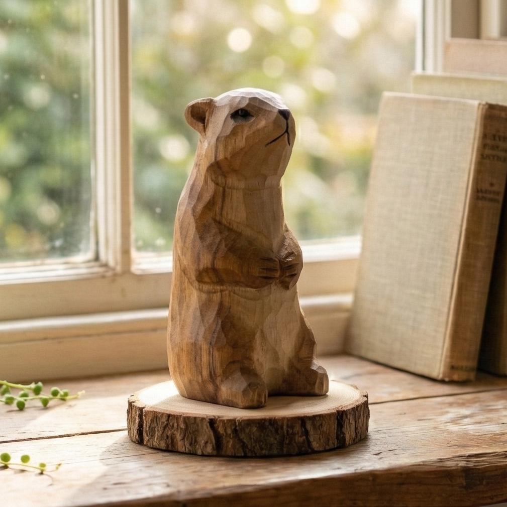 Handmade Wooden Groundhog Figurine, Marmot Statue, Rustic Woodland Decor, Whimsical Prairie Art, Cabin Ornament