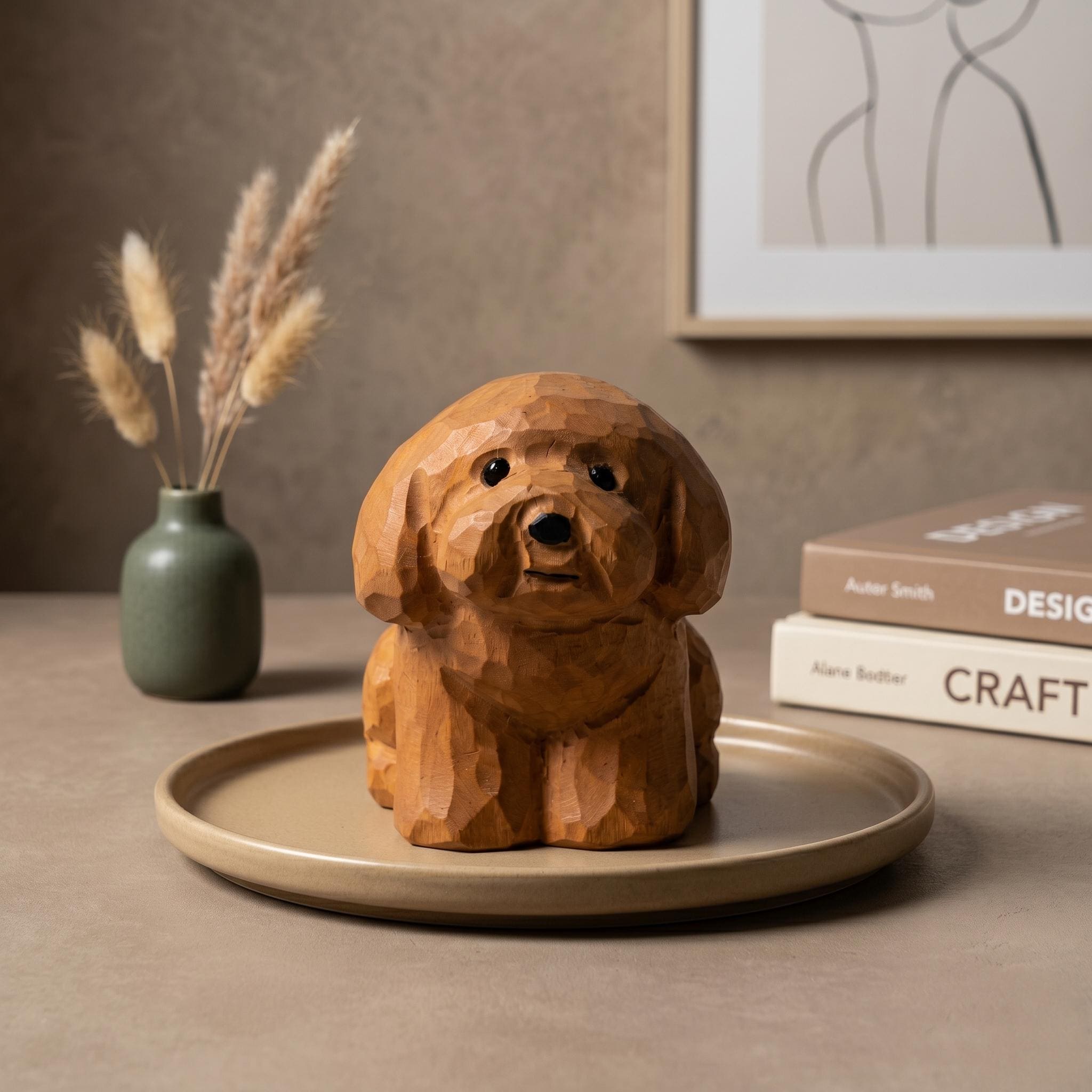 Sweet Hand Carved Wooden Poodle Figurine Rustic Sitting Dog Desk Decor Miniature Doodle Statue Unique Pet Lover Gift Dog Memorial