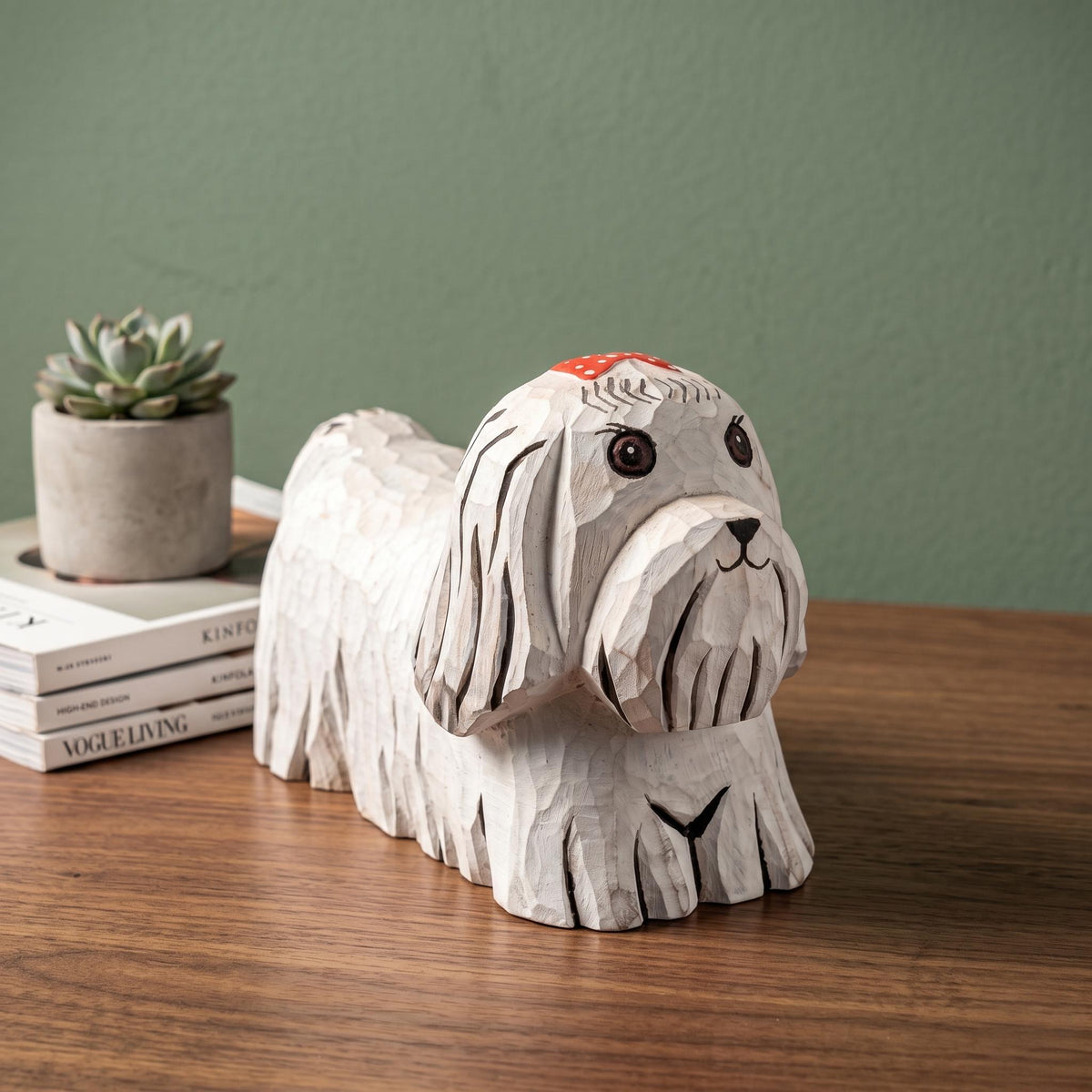 Whimsical Hand-Carved Wooden Dog Figurine White Maltese Shih Tzu Statue Rustic Pet Decor Unique Dog Lover Gift Handmade Animal Art