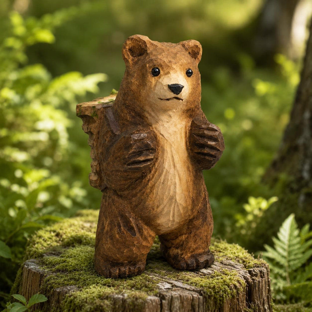 Hand-Carved Wooden Bear with Backpack Figurine | Whimsical Forest Hiker Decor | Cute Wood Animal Sculpture | Nature Lover Gift
